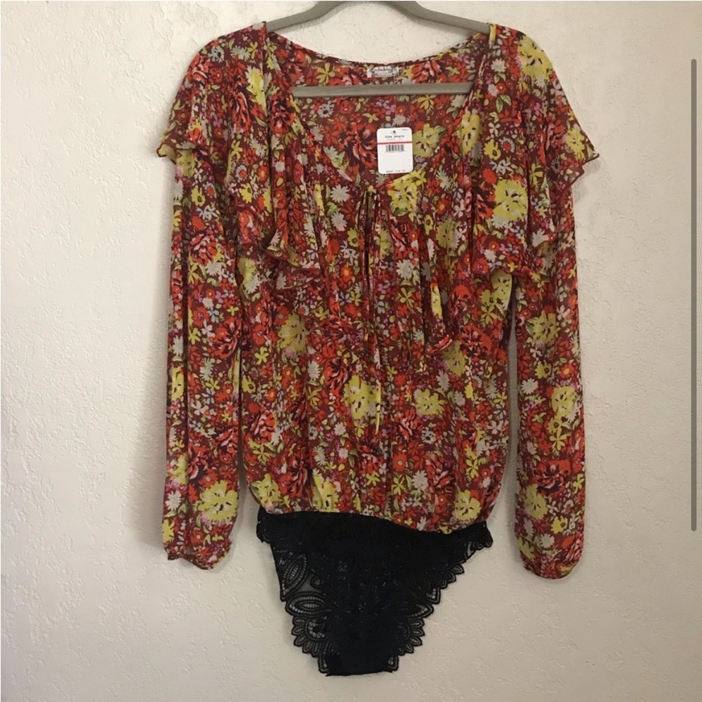 Free People Blouse Body Suit Orange Yellow Flowers XS